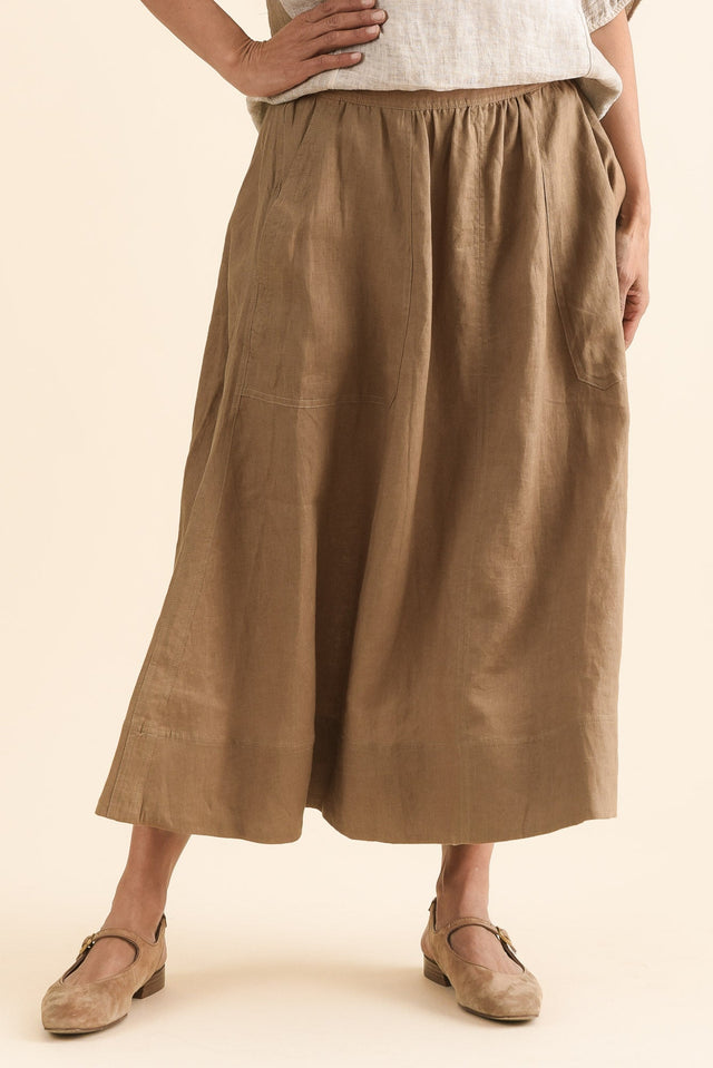 Mayan Tan Linen Pocket Skirt,Front,Brunette model,alt text|model:Cara image 1