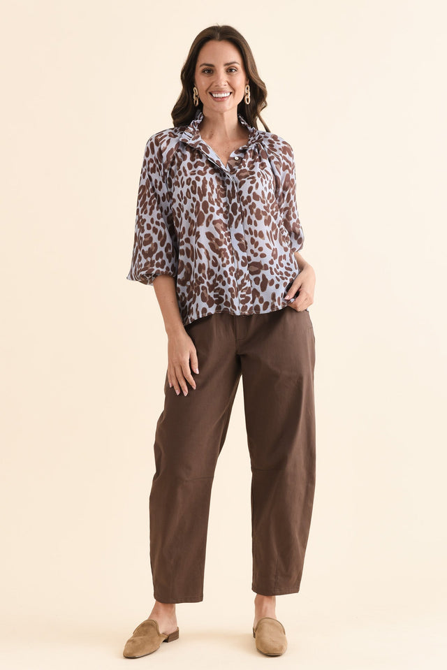 Maze Blue Leopard Ruffle Blouse,Full Body,Brunette model,alt text|model:MJ image 6