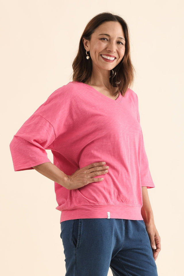 Mazie Melon Cotton V Neck Sweat,Side,Brunette model,alt text|model:Cara image 3