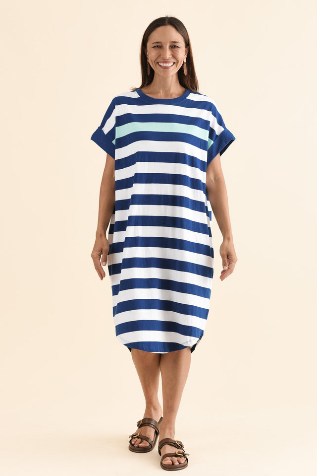 McKinley Cobalt Stripe Cotton Dress,Front,Brunette model,alt text|model:Cara