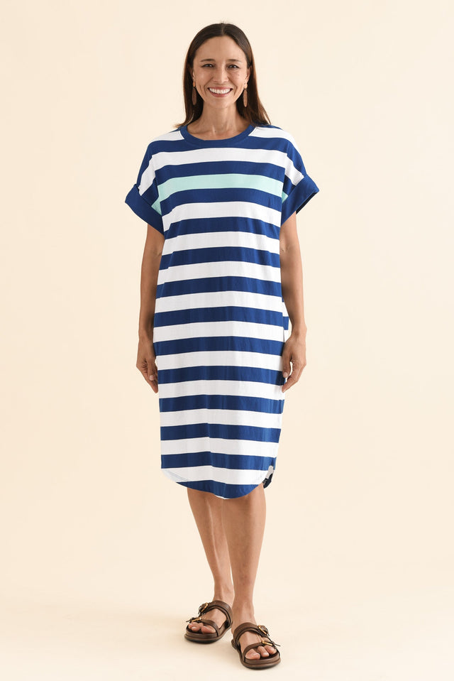 McKinley Cobalt Stripe Cotton Dress,Full Body,Brunette model,alt text|model:Cara