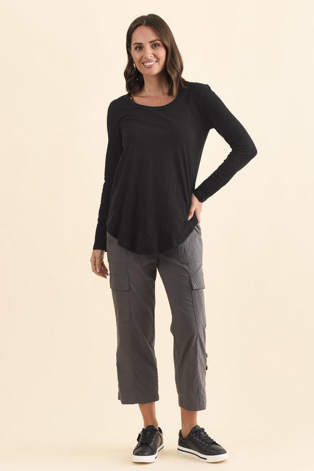 Megan Black Cotton Long Sleeve Top,Brunette model,alt text|model:MJ image 6