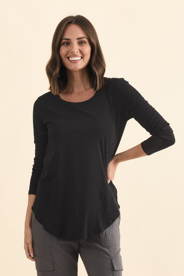 Megan Black Cotton Long Sleeve Top,Brunette model,alt text|model:MJ image 1