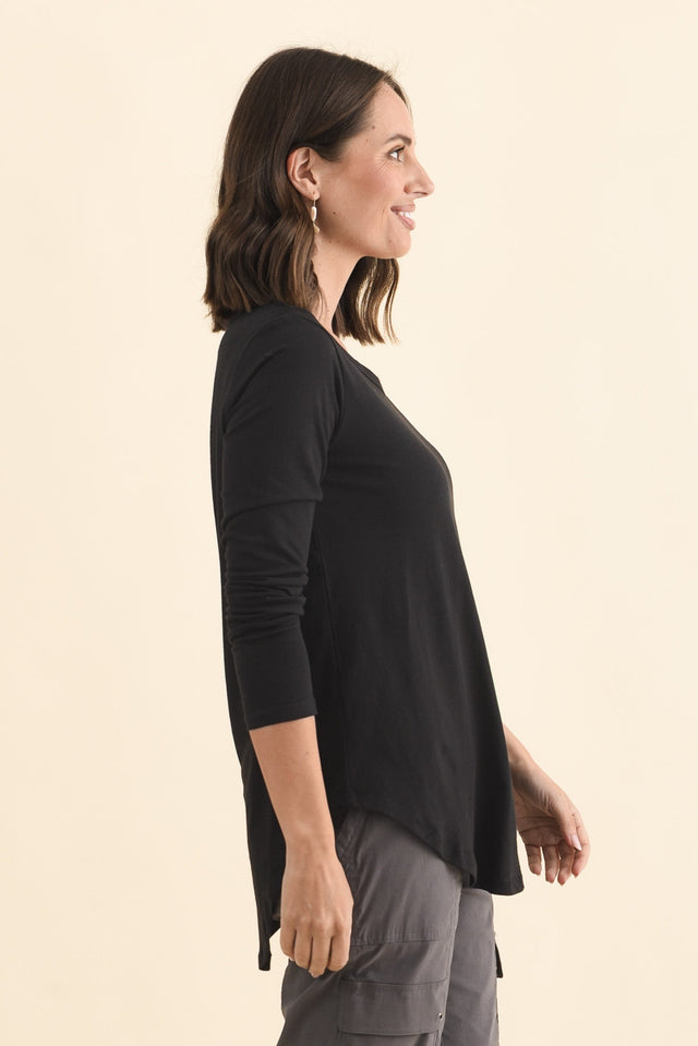 Megan Black Cotton Long Sleeve Top,Brunette model,alt text|model:MJ image 3