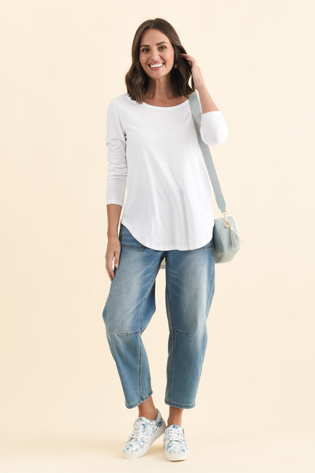 Megan White Cotton Long Sleeve Top,Brunette model,alt text|model:MJ image 3