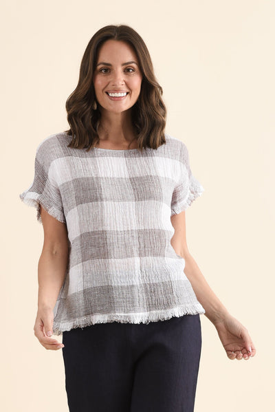 Meggie Taupe Check Linen Top