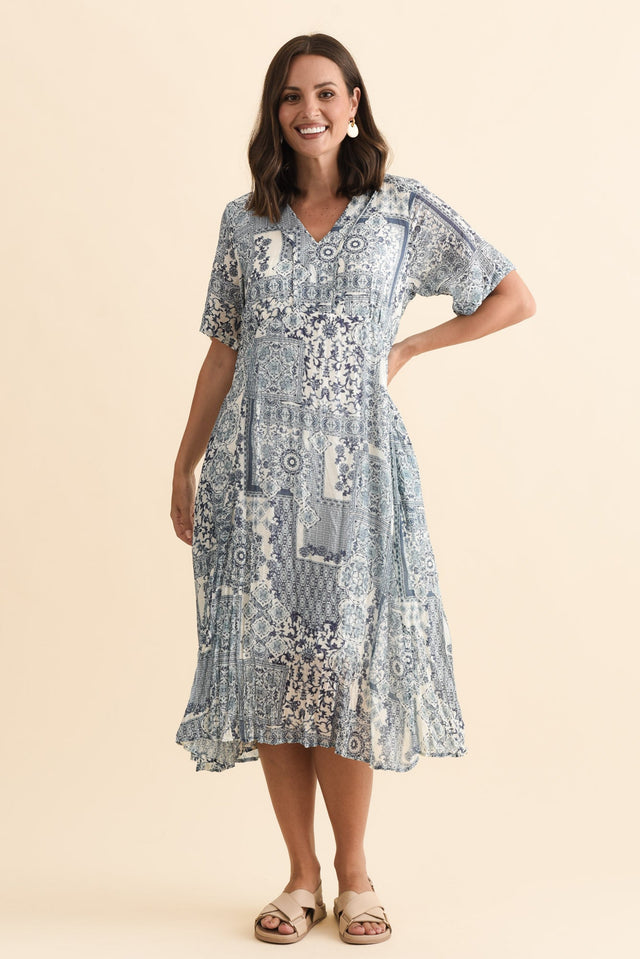 Meka Navy Mosaic Pocket Dress,Brunette model,alt text|model:MJ image 3