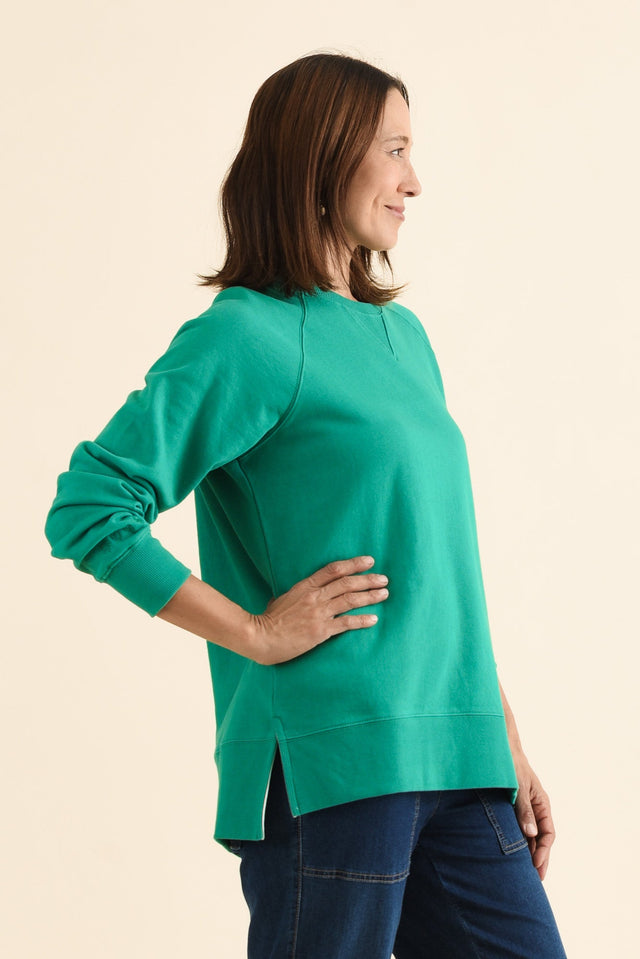 Melbourne Green Cotton Crewneck Sweatshirt,brunette model,Side of Outfit,alt text|model:Cara image 3