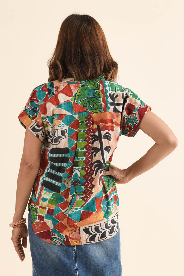 Melda Orange Tropical Organic Cotton Top,Back,Brunette model,alt text|model:Cara image 4