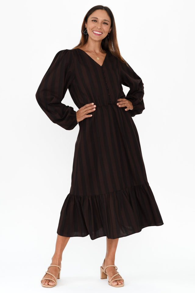 Melissa Chocolate Stripe Linen Blend Dress,Brunette model,alt text|model:Cara image 6