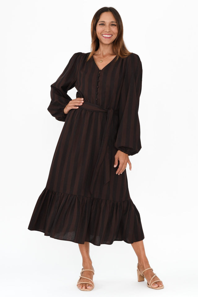 Melissa Chocolate Stripe Linen Blend Dress,Brunette model,alt text|model:Cara