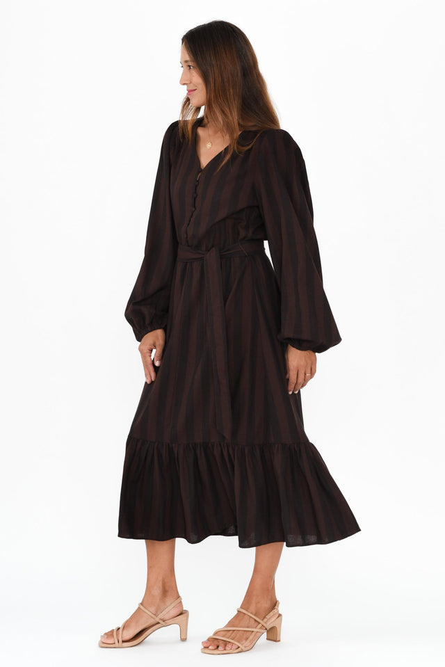 Melissa Chocolate Stripe Linen Blend Dress,Brunette model,alt text|model:Cara image 3