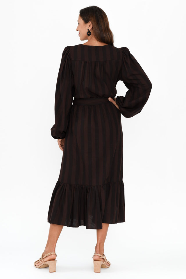 Melissa Chocolate Stripe Linen Blend Dress,Brunette model,alt text|model:Cara image 4