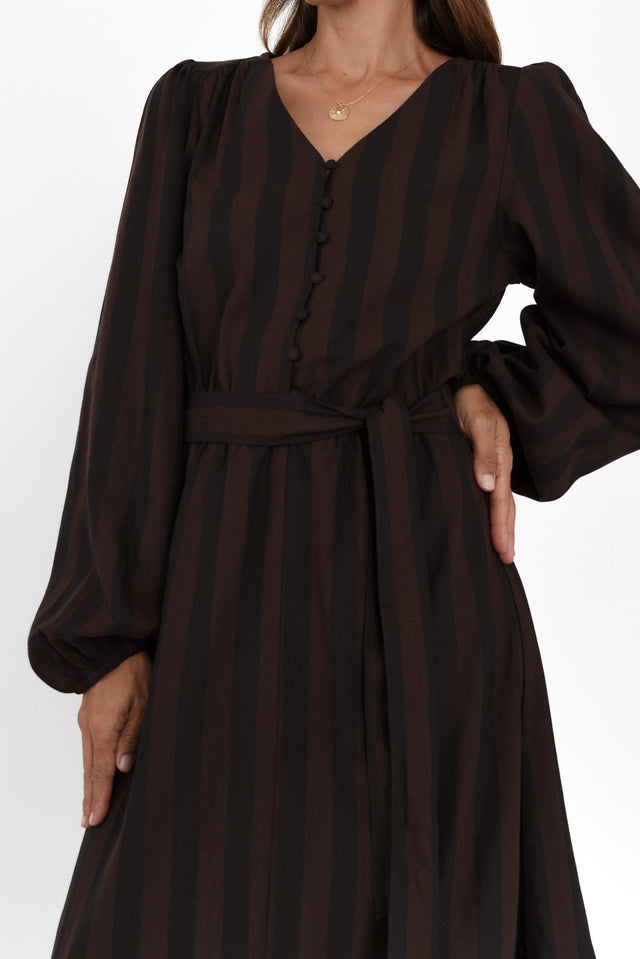 Melissa Chocolate Stripe Linen Blend Dress,Brunette model,alt text|model:Cara image 5
