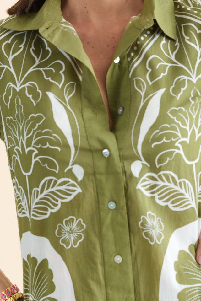 Melita Green Motif Cotton Shirt Dress,brunette model,Close up of outfit,alt text|model:MJ image 5