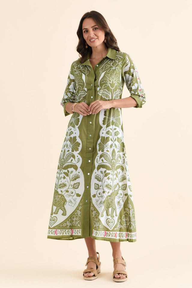 Melita Green Motif Cotton Shirt Dress,brunette model,Full Outfit,alt text|model:MJ image 6