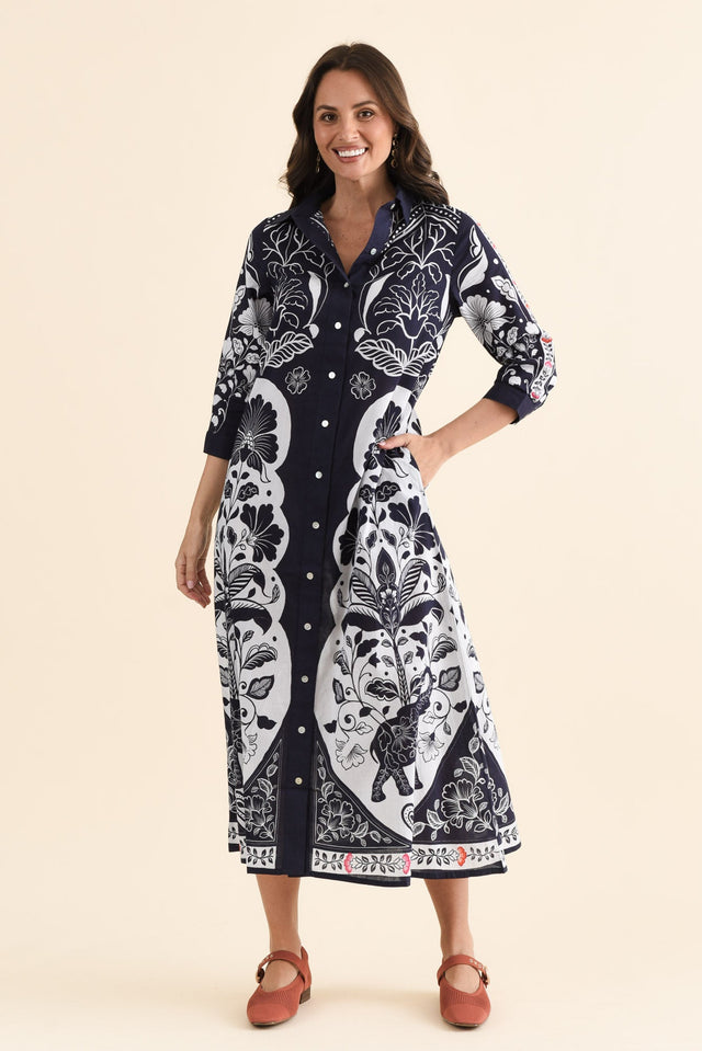 Melita Navy Motif Cotton Shirt Dress,brunette model,Front of Outfit,alt text|model:MJ