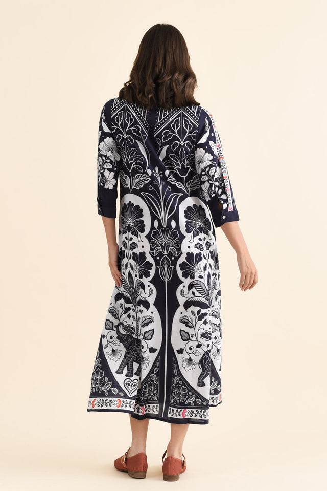 Melita Navy Motif Cotton Shirt Dress,brunette model,Back of Outfit,alt text|model:MJ image 5