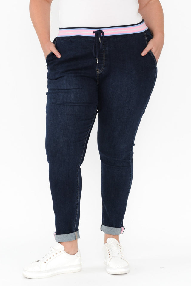 Melody Indigo Drawstring Jeans,Blonde model,plus-size,curve-bottoms,plus-size-Pants,plus-size-jeans,plus-size-winter-clothing,alt text|model:Caitlin