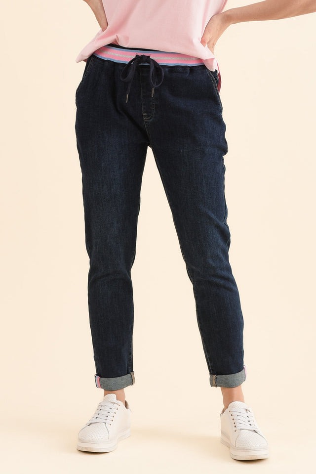 Melody Indigo Drawstring Jeans,Front,Brunette model,alt text|model:MJ