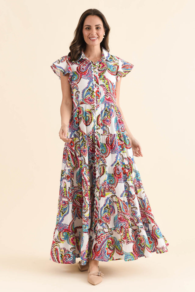 Melody White Paisley Cotton Maxi Dress,Full Body,Brunette model,alt text|model:MJ image 2
