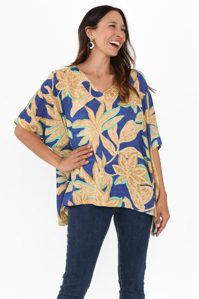 Meloria Blue Floral V Neck Top