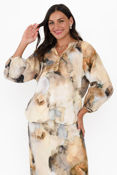 Meru Beige Marble Linen Button Blouse