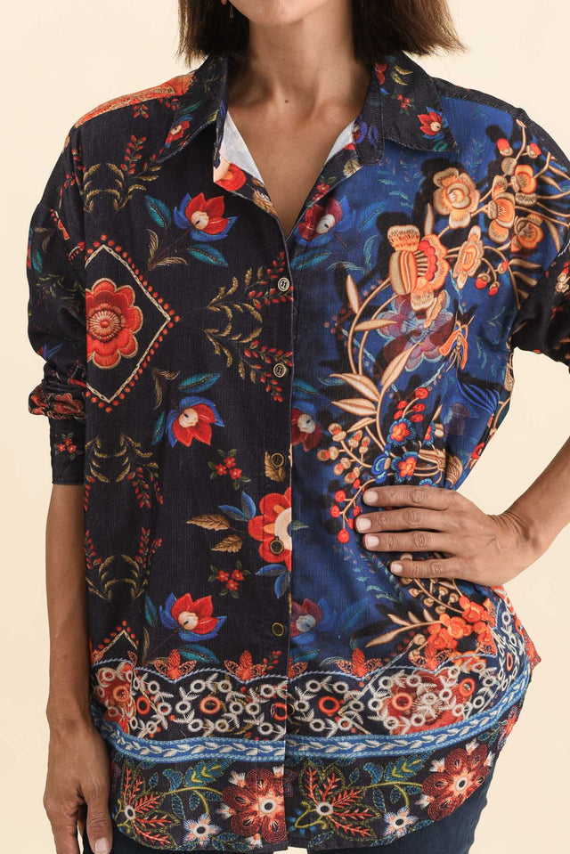 Meyer Navy Botanical Cotton Shirt,Brunette model,alt text|model:Cara image 6