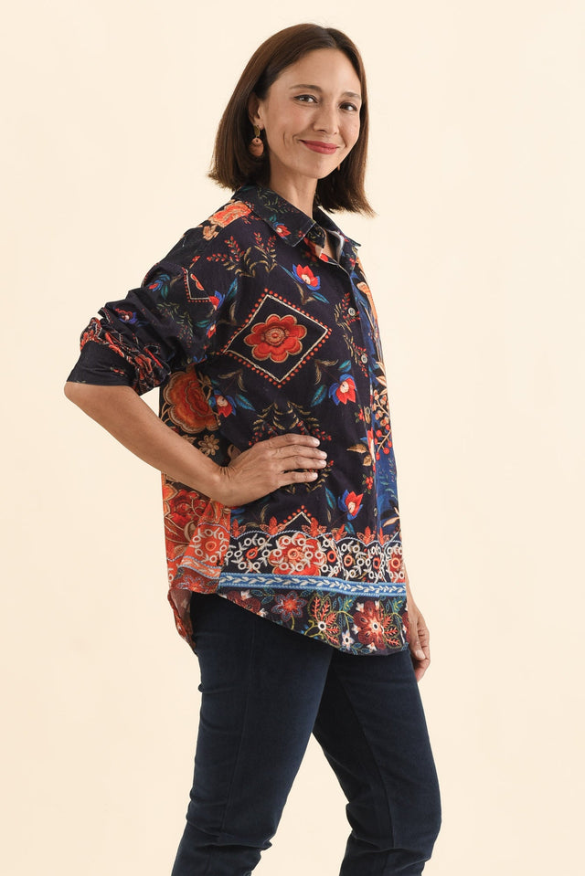 Meyer Navy Botanical Cotton Shirt,Brunette model,alt text|model:Cara image 4