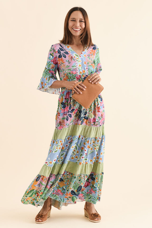 Miami Blue Garden Frill Maxi Dress,Front,Brunette model,alt text|model:Cara