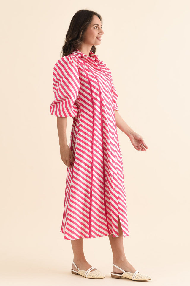 Micah Pink Stripe Cotton Poplin Dress,brunette model,Side of Outfit,alt text|model:MJ image 3