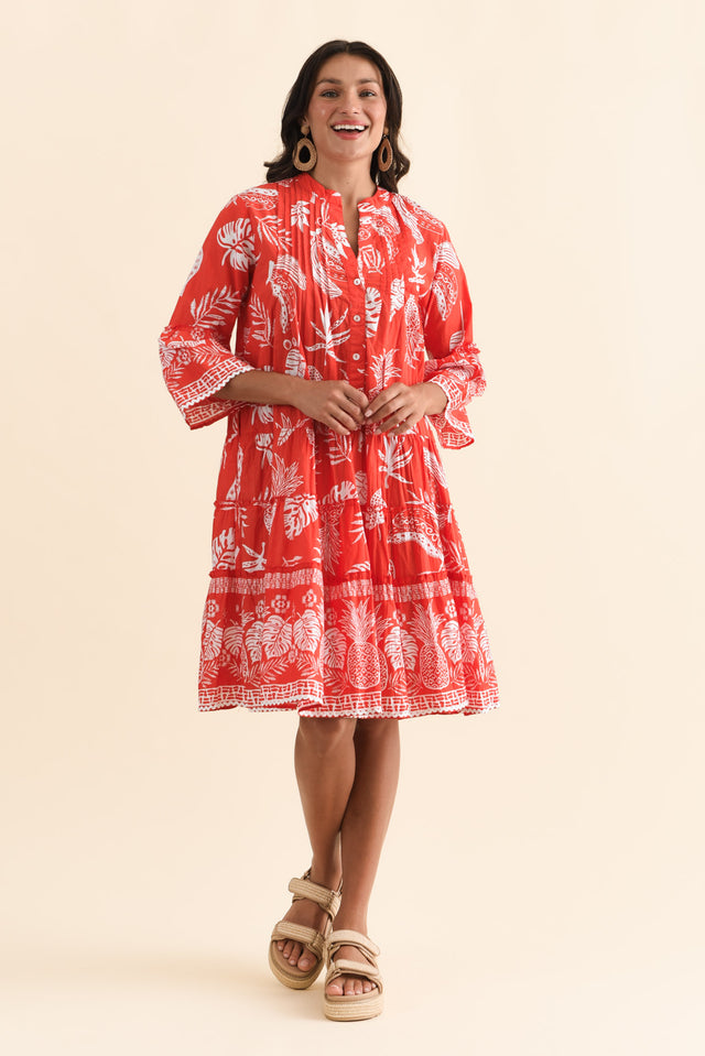Mikella Red Tropical Cotton Dress,Brunette model,alt text|model:Brontie image 8