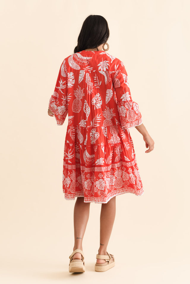 Mikella Red Tropical Cotton Dress,Brunette model,alt text|model:Brontie image 6