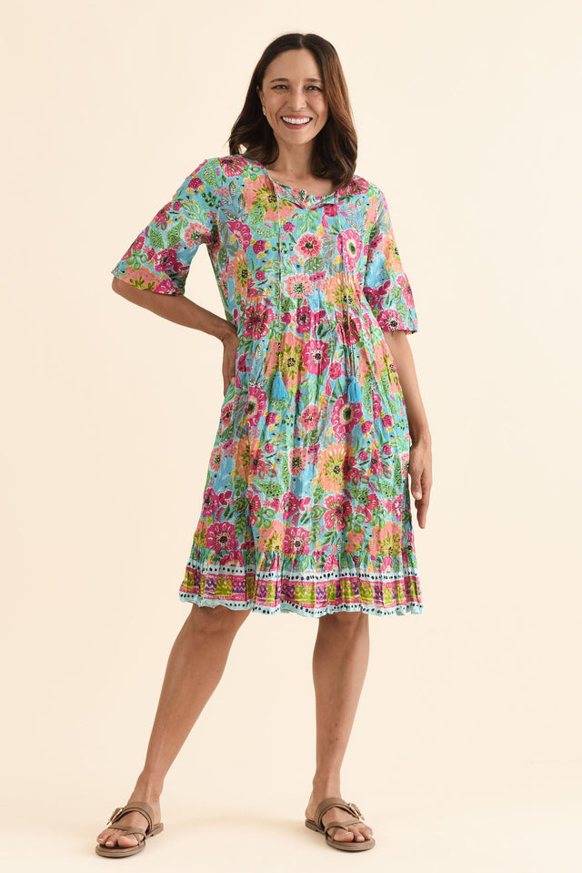Mila Blue Floral Crinkle Cotton Dress,Full Body,Brunette model,alt text|model:Cara image 6