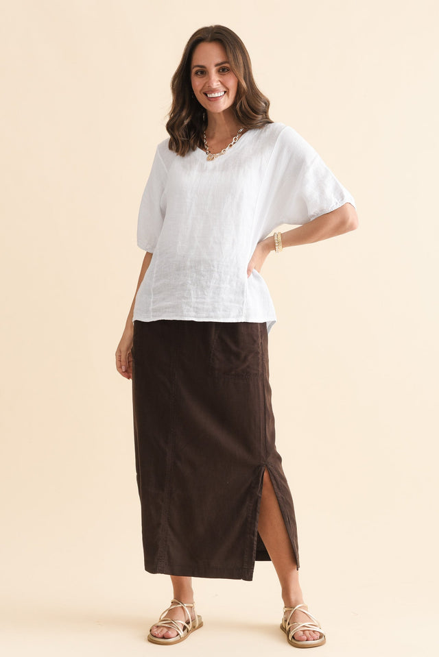 Mila Chocolate Drawstring Skirt,Full Body,Brunette model,alt text|model:MJ image 6