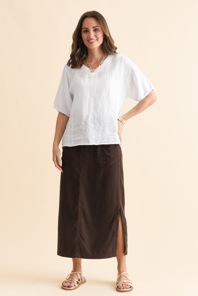 Mila Chocolate Drawstring Skirt,Full Body,Brunette model,alt text|model:MJ image 2
