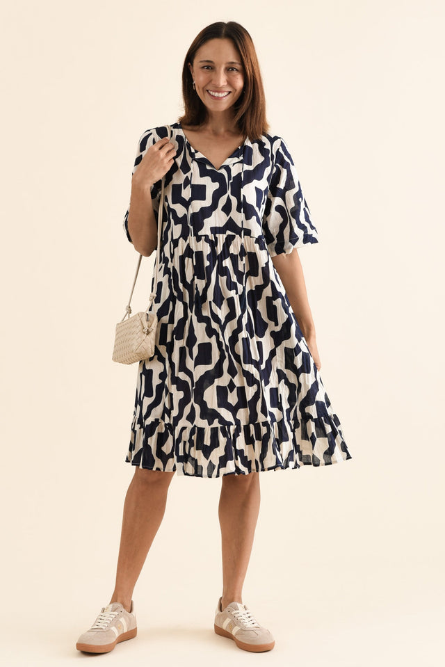 Mila Navy Motif Crinkle Cotton Dress,Front,Brunette model,alt text|model:Cara
