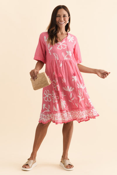 Mila Pink Flower Crinkle Cotton Dress