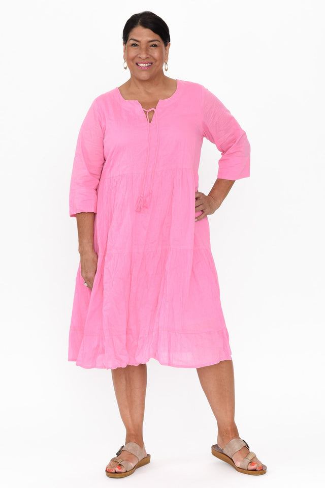 Milana Bright Pink Crinkle Cotton Dress,Brunette model,alt text|model:Pilita image 9