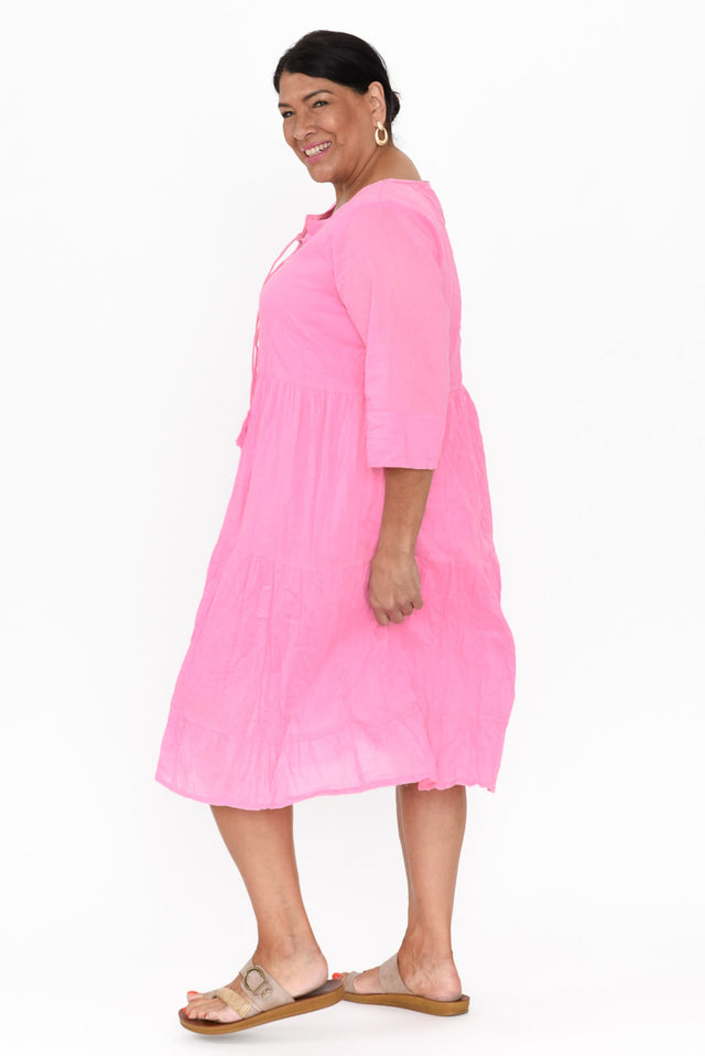Milana Bright Pink Crinkle Cotton Dress,Brunette model,alt text|model:Pilita image 10