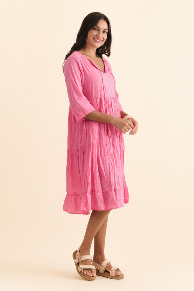 Milana Bright Pink Crinkle Cotton Dress,Brunette model,alt text|model:Brontie image 5