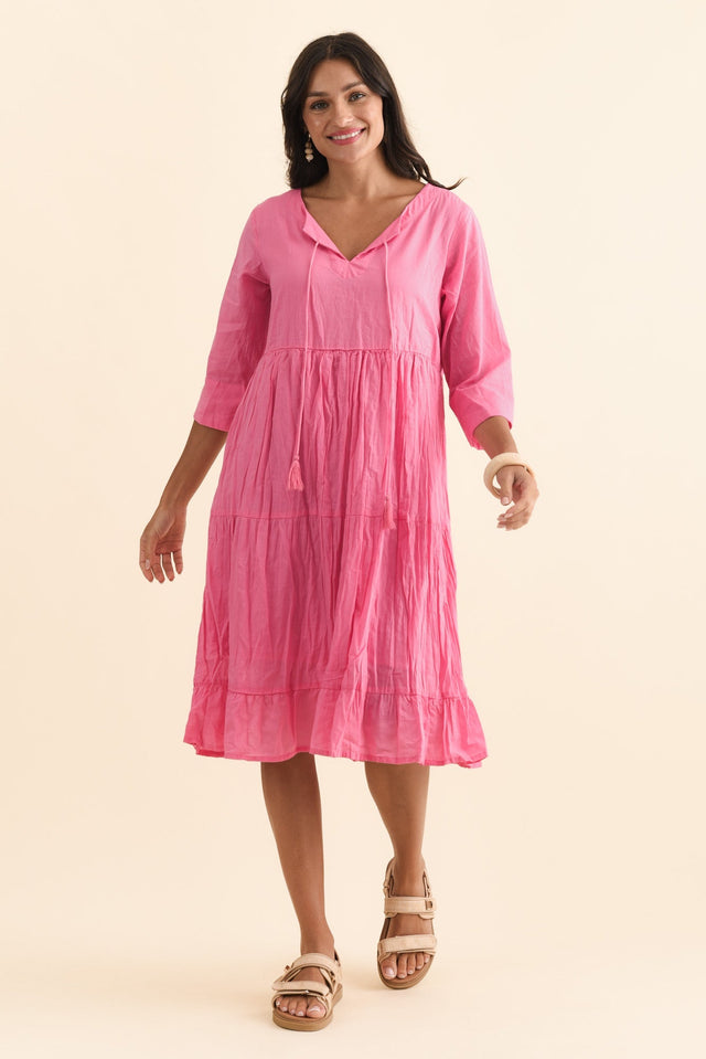 Milana Bright Pink Crinkle Cotton Dress,Brunette model,alt text|model:Brontie image 4