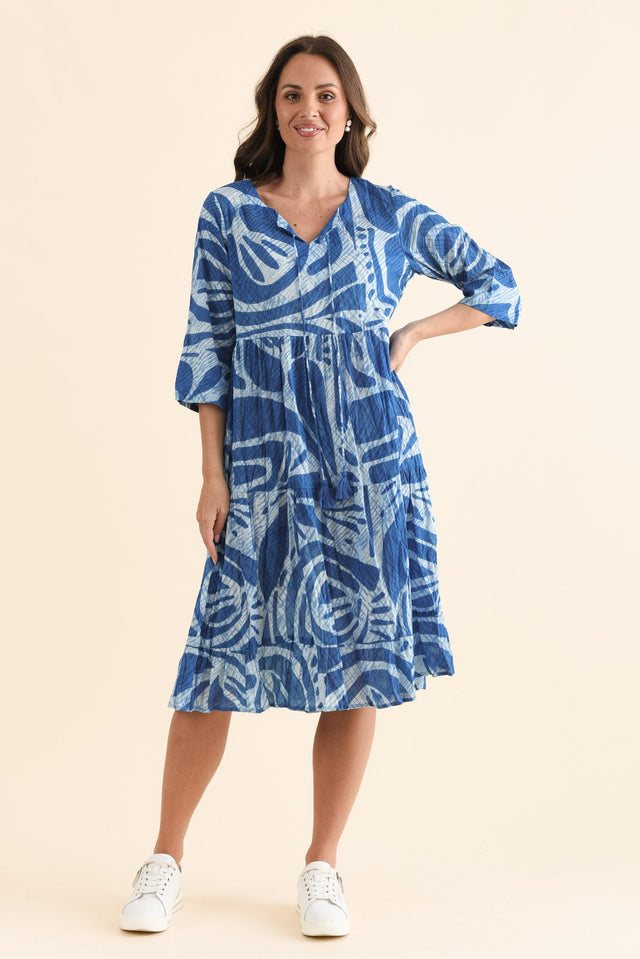 Milana Cobalt Abstract Crinkle Cotton Dress,Full Body,Brunette model,alt text|model:MJ