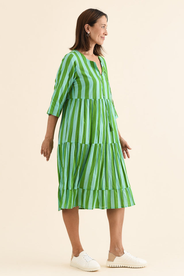 Milana Green Stripe Crinkle Cotton Dress,Side,Brunette model,alt text|model:Cara image 5