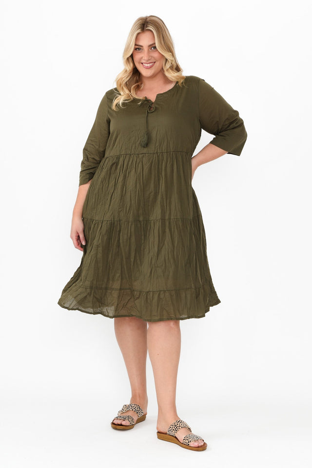 Milana Khaki Crinkle Cotton Dress,Blonde model,plus-size,curve-dresses,plus-size-sleeved-dresses,plus-size-below-knee-dresses,plus-size-cotton-dresses,plus-size-summer-dresses,alt text|model:Caitlin image 9