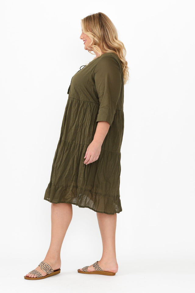 Milana Khaki Crinkle Cotton Dress,Blonde model,alt text|model:Caitlin image 10