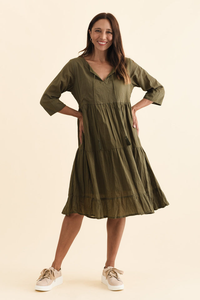 Milana Khaki Crinkle Cotton Dress,Brunette model,alt text|model:Cara image 8