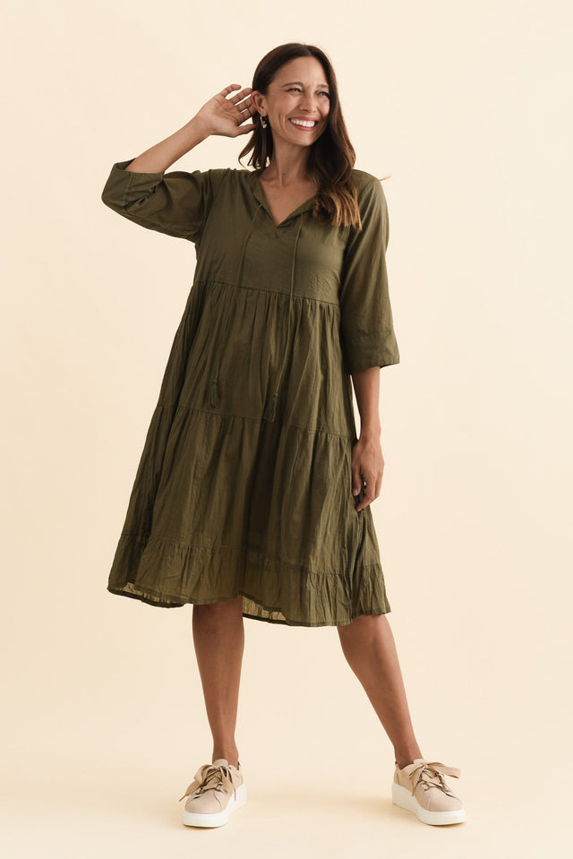 Milana Khaki Crinkle Cotton Dress,Brunette model,alt text|model:Cara image 4