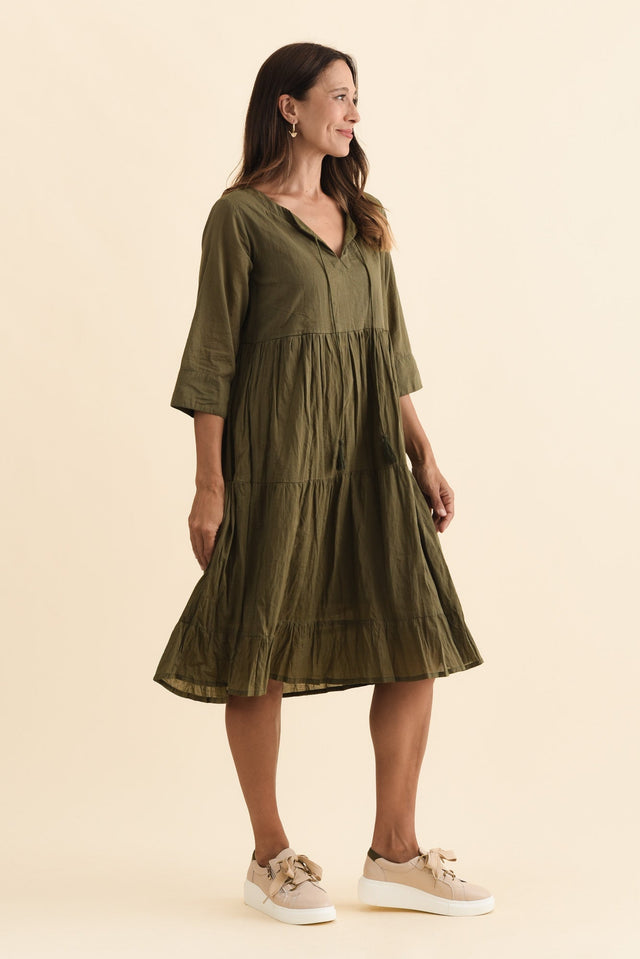 Milana Khaki Crinkle Cotton Dress,Brunette model,alt text|model:Cara image 5