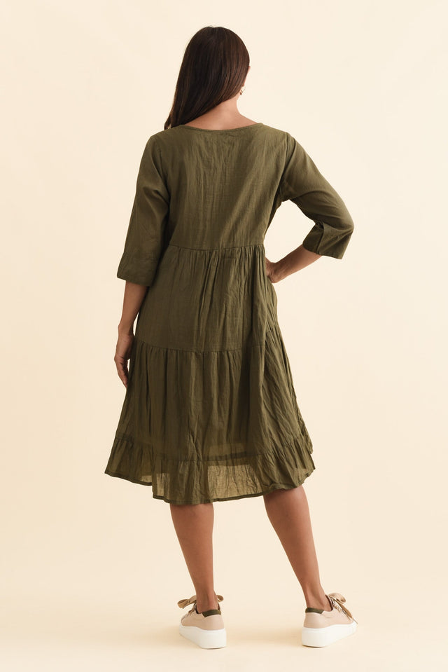 Milana Khaki Crinkle Cotton Dress,Brunette model,alt text|model:Cara image 6